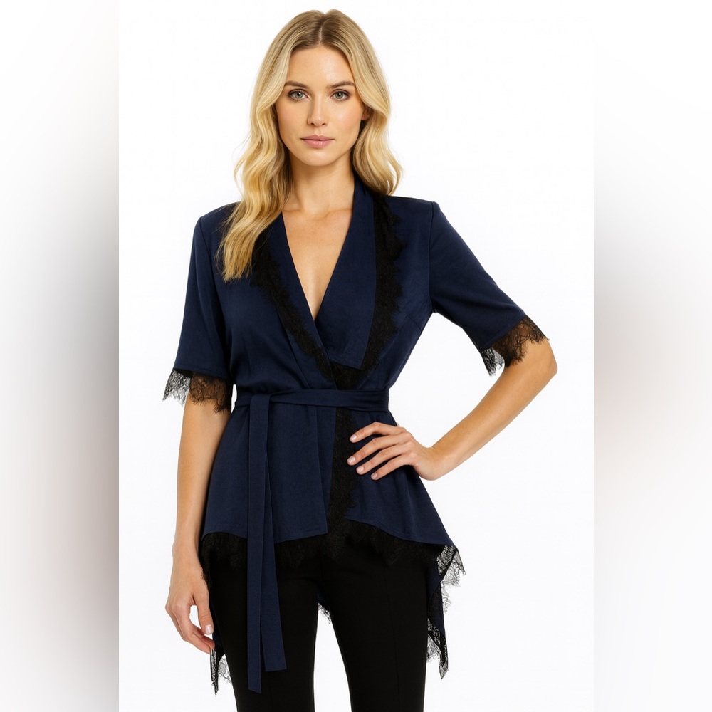 BCBGMaxAzria Eunice Navy Wrap Blouse with Black Lace